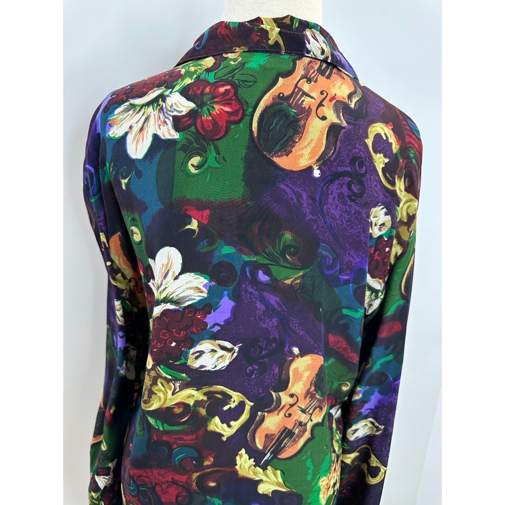Dahan Vintage 100% Silk Violin Floral Baroque Button Up Shirt Medium Luxury Top - Picture 9 of 13